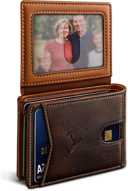 Slim Leather Wallet for Men RFID Blocking | Minimalist Front Pocket Card Holder Gift with 11 Slots