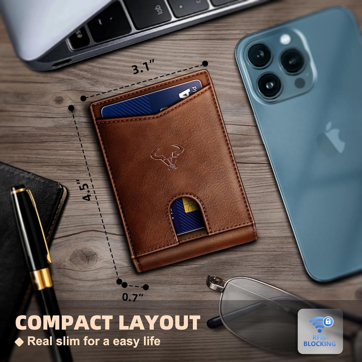 Slim Leather Wallet for Men RFID Blocking | Minimalist Front Pocket Card Holder Gift with 11 Slots