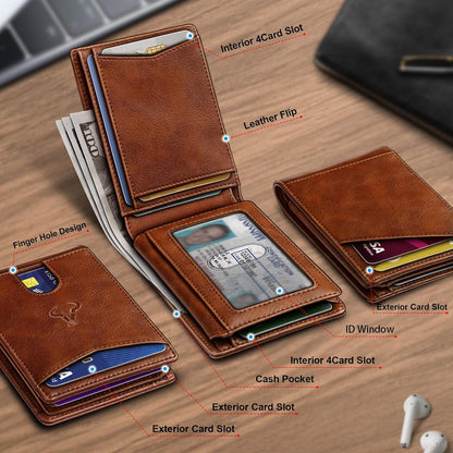 Slim Leather Wallet for Men RFID Blocking | Minimalist Front Pocket Card Holder Gift with 11 Slots