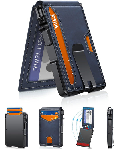 Slim Minimalist Wallet for Men with Money Clip – RFID Blocking, Pop-Up Card Holder, Holds 9-13 Cards