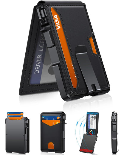 Slim Minimalist Wallet for Men with Money Clip – RFID Blocking, Pop-Up Card Holder, Holds 9-13 Cards