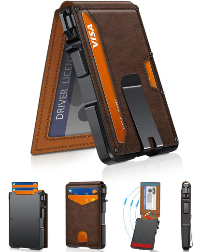 Slim Minimalist Wallet for Men with Money Clip – RFID Blocking, Pop-Up Card Holder, Holds 9-13 Cards