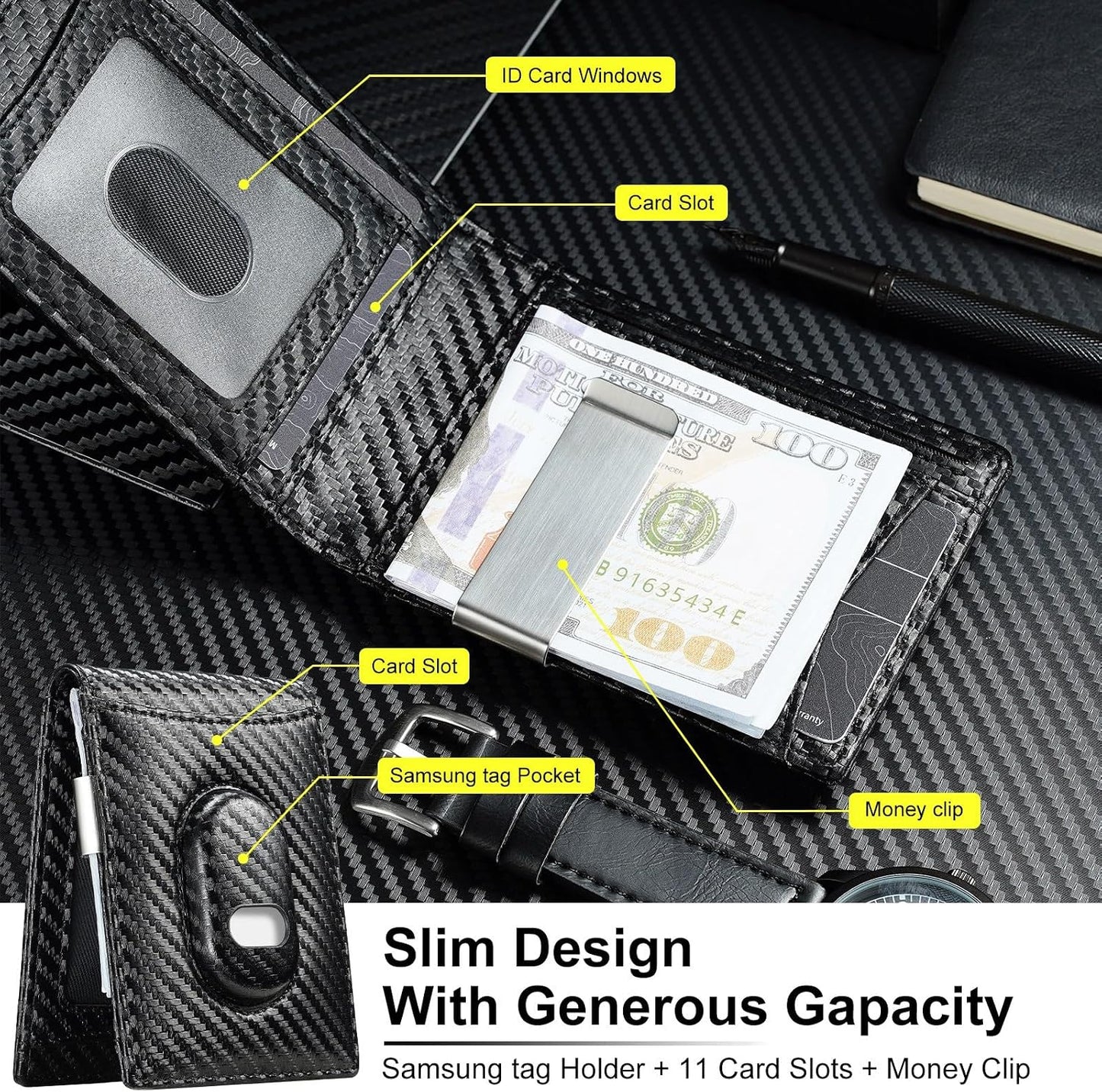 Slim Minimalist Wallet for Men with SmartTag2 Holder Money Clip